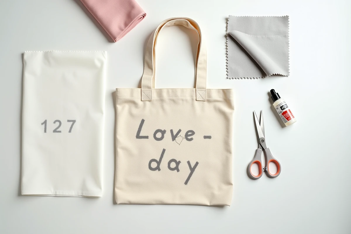 Vue à plat d'un tote bag avec flocage fissuré et décollé entouré de matériaux pour réparer le flocage textile