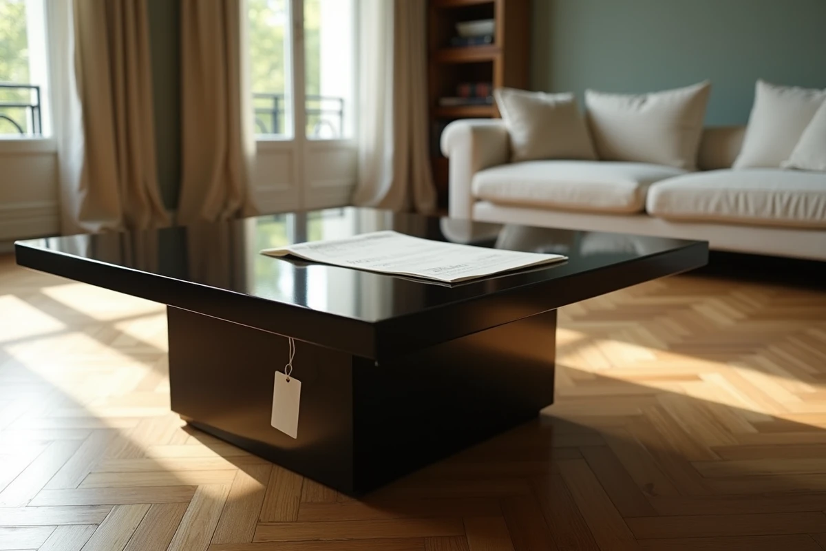 Table basse design Roche Bobois d'occasion avec étiquette de prix et certificat d'authenticité dans un appartement parisien