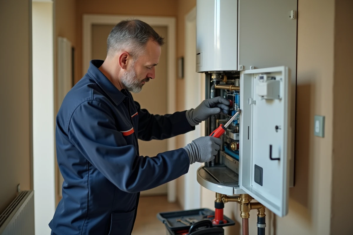 Technicien chauffagiste en intervention inspectant l'intérieur d'une chaudière ouverte dans un couloir d'appartement