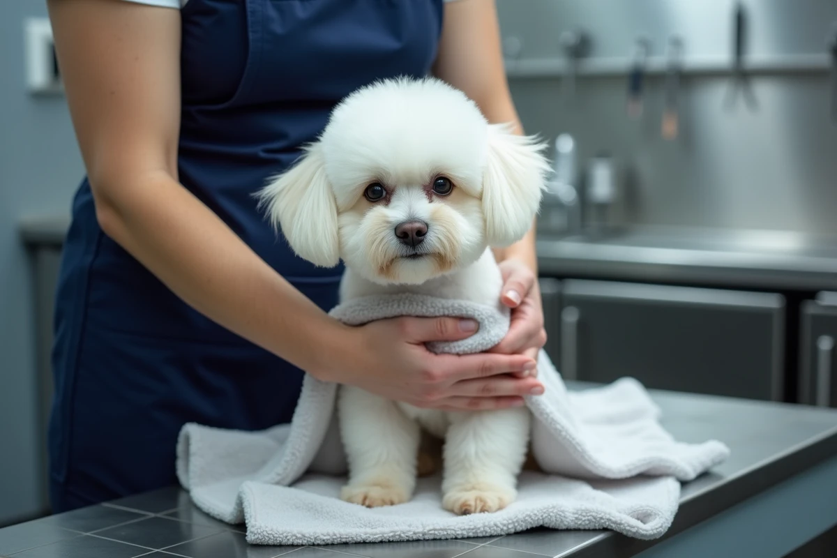 Toiletteur enveloppant un bichon frisé dans une serviette dans un salon de toilettage professionnel
