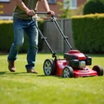 Homme utilisant une tondeuse thermique autopropulsée sur un grand jardin de 2500 m2