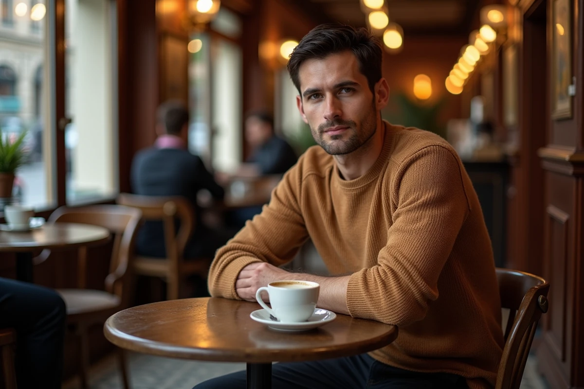 Yann Dernaucourt, le fiancé de Lorie, attablé dans un café parisien avec une expression calme et posée