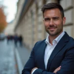 Portrait de Yann Dernaucourt, fiancé discret de Lorie, en blazer marine devant une façade parisienne